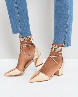 Gold Ankle Tie Block Heeled